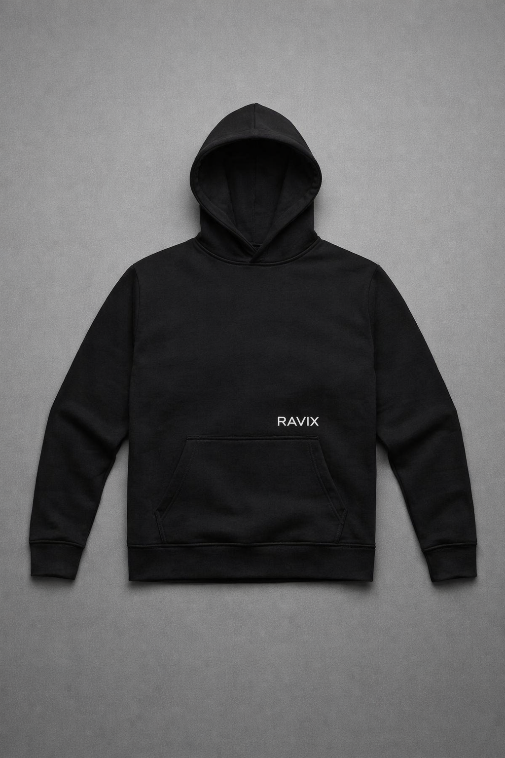 Black hoodie with 'RAVIX' logo on a gray background