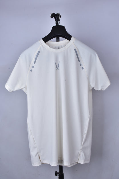 RAVIX white regular t-shirt with black accents on a hanger against a plain background