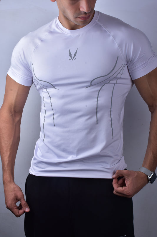 Person wearing a white compression ray t-shirt with 'RAVIX' logo on a gray background