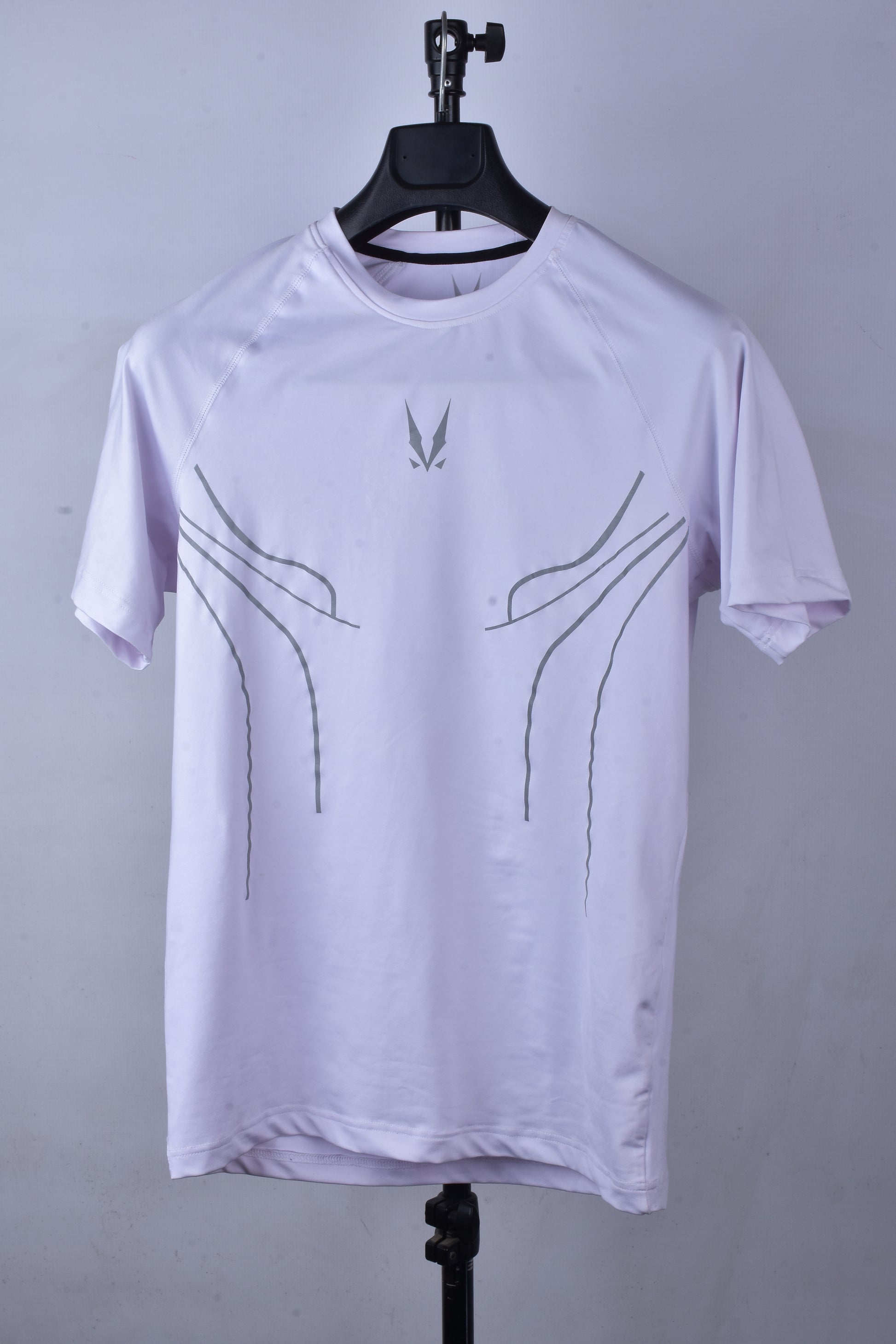 RAVIX white compression ray t-shirt with black abstract designs on a gray background