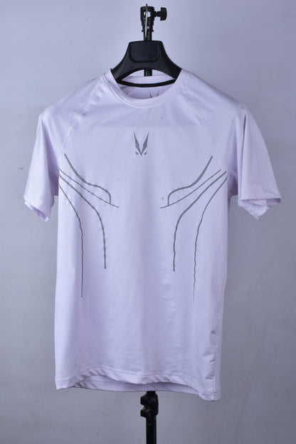 RAVIX white compression ray t-shirt with black abstract designs on a gray background
