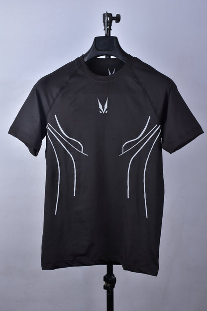 RAVIX Black compression t-shirt with white beam designs on a gray background